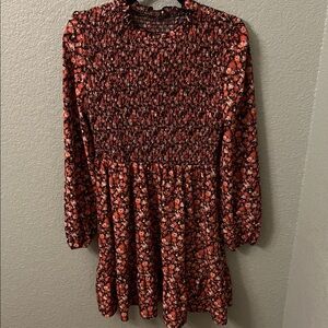 SHEIN Red Floral Long Sleeve Smocked Mini Dress